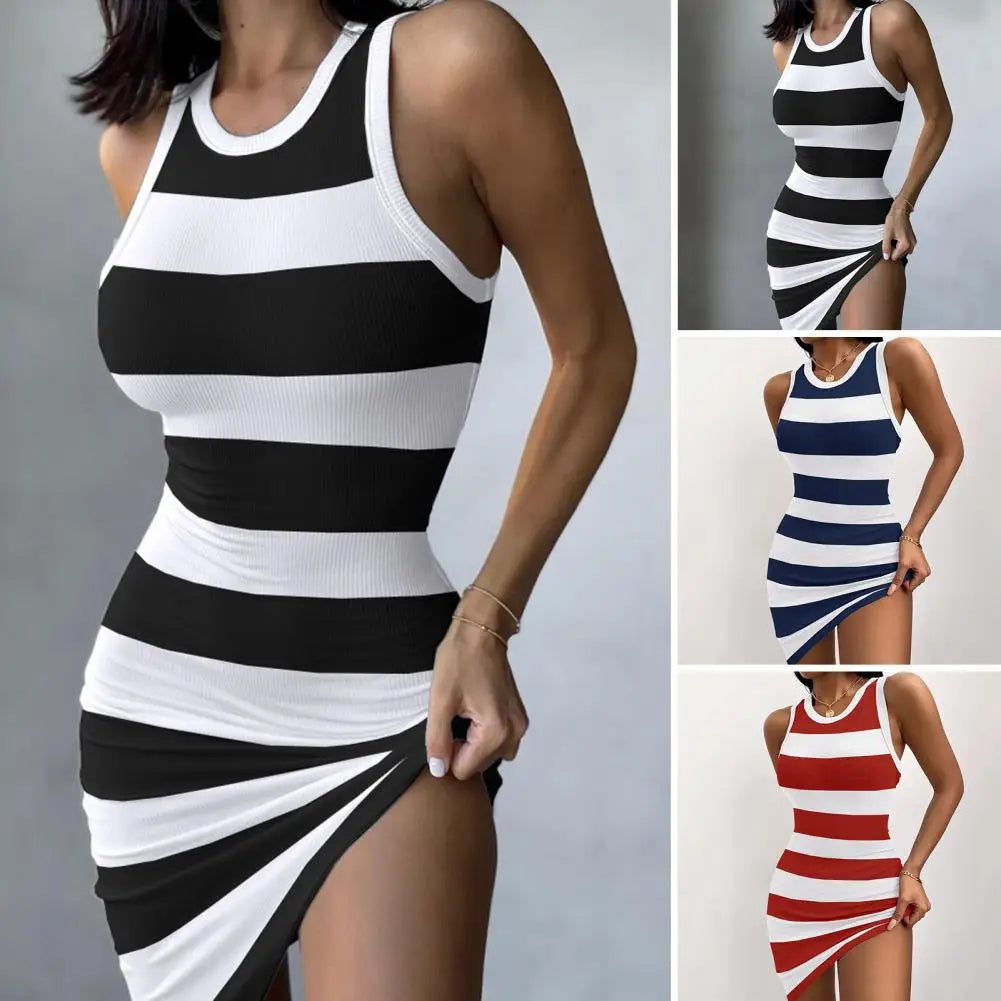 Summer Women Dress Striped Print O-neck Vest Dress Slim Fit Stretchy Bodycon Sundress Elegant Lady Mini Dress For Dialy Wear