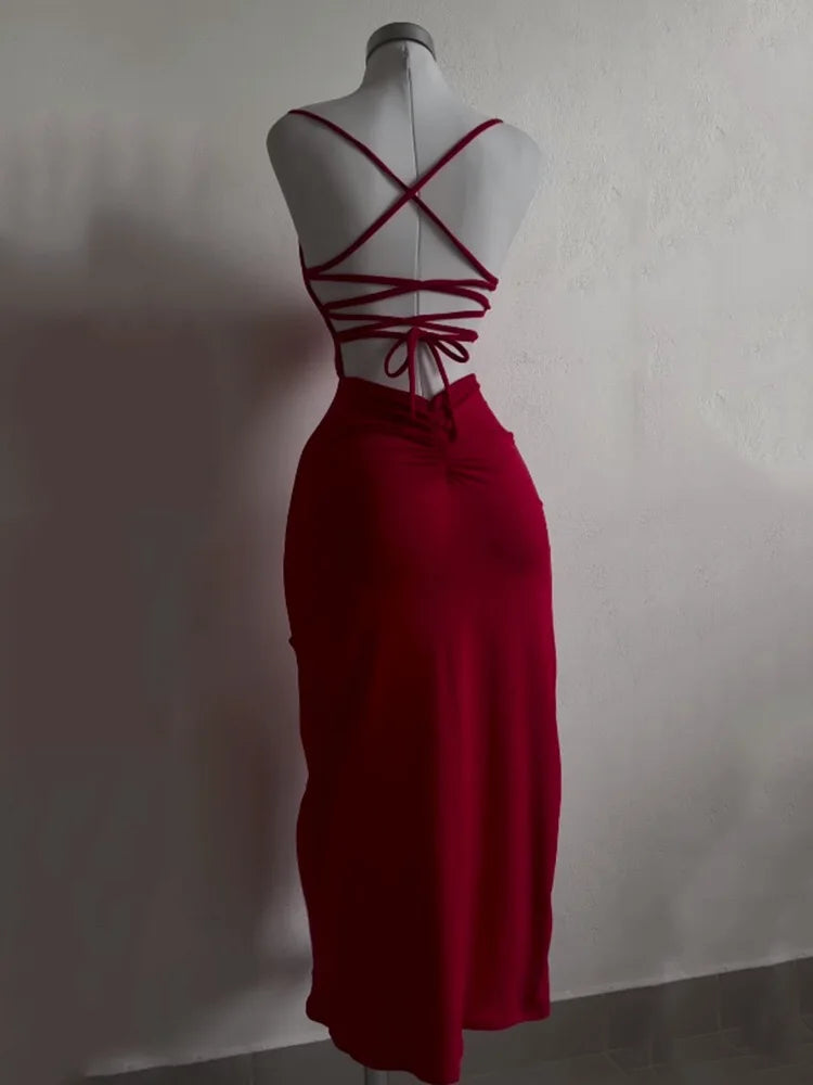 2025 explosive new Black WineRed dress summer high sensibility halter strap Spice Girl bag hip dress