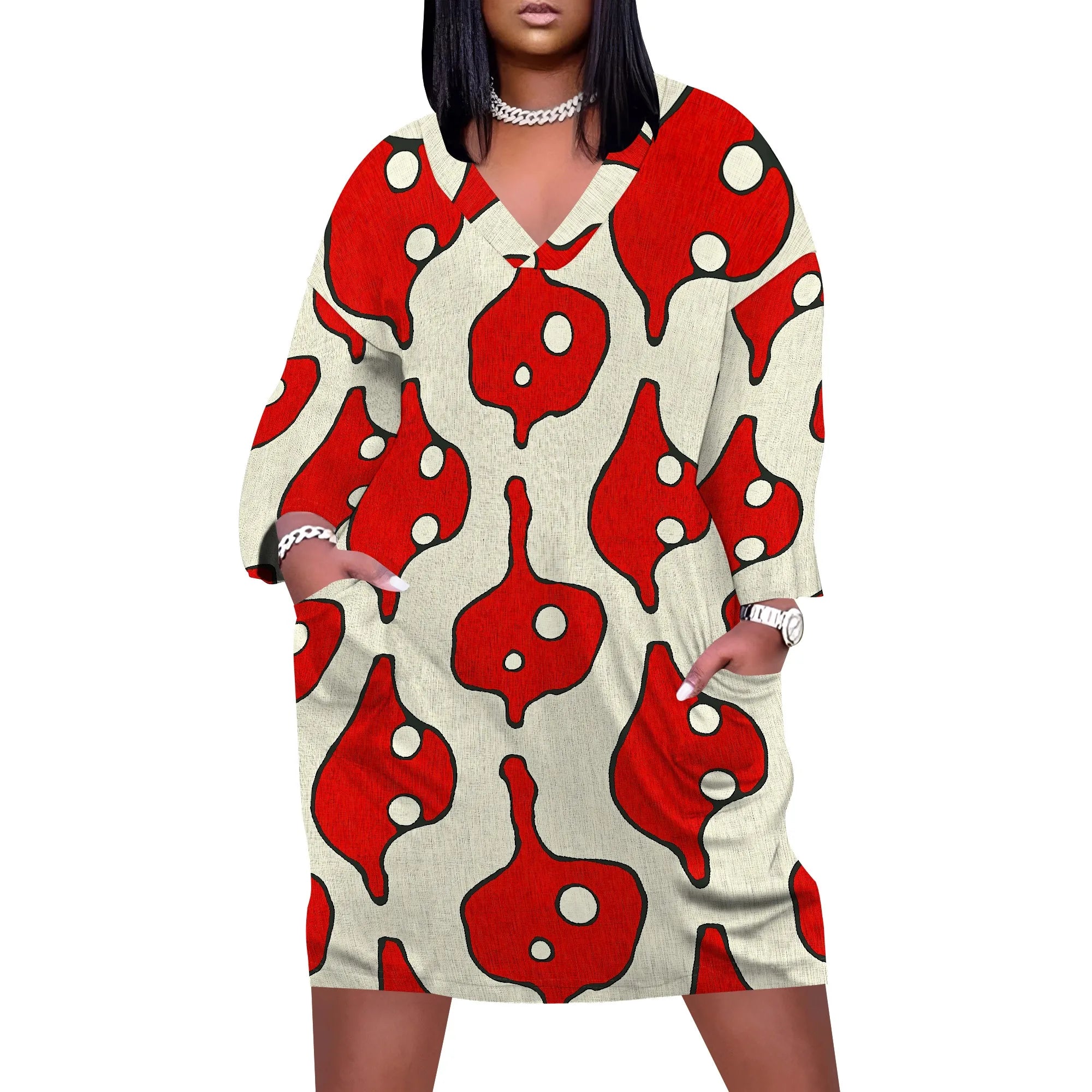 Plus Size Women's Abstract Print Dress XL-6XL, V-Neck Casual Dress for Fun and Bold Look
