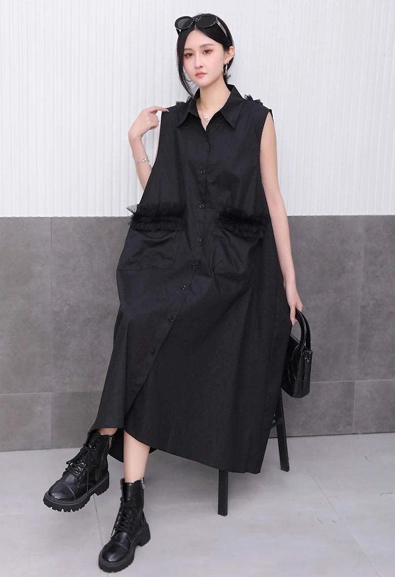Front Pocket New 2025 Summer Korean Style Woman Black Sleeveless Shirt Dress Loose Fit Chic Holiday Casual Big Size Robe JKXD003