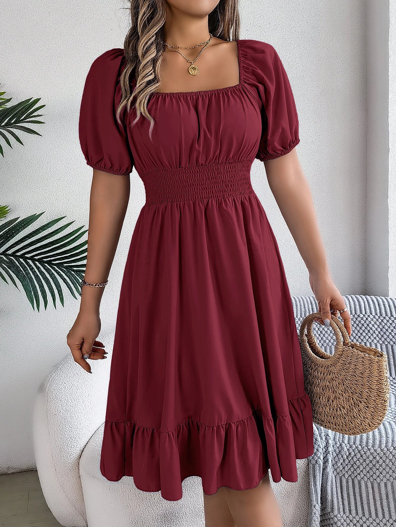 2024 New Fashion Solid Puff Sleeve Square Neck Ruched Bust Ruffle Hem Wasit Dress, Women's Clothing