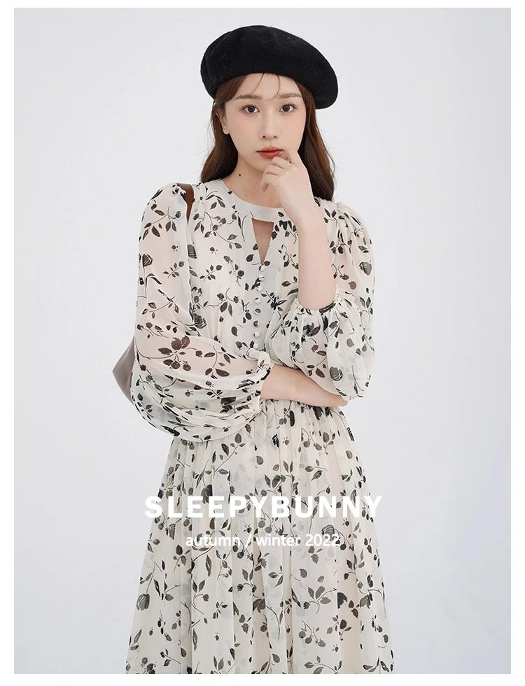 Floral Midi Dress Women Sweet A-Line Long Sleeve Hollow Out Dress Elegant High Waist Casual Long Dress Daily or Vacation Outfits
