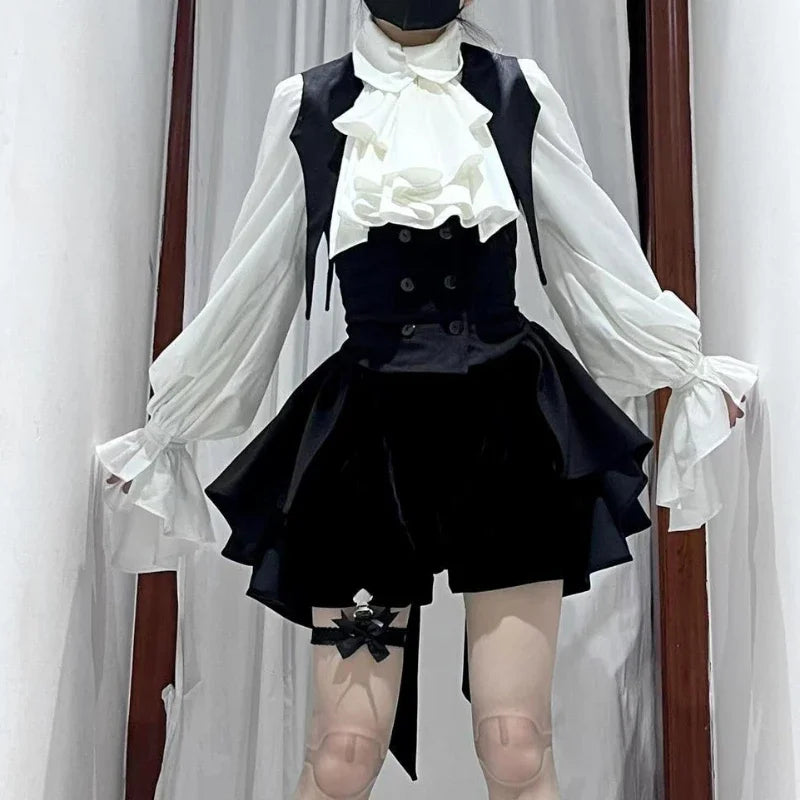 Y2k Aesthetic Lolita Style Bow Dress Shorts Set Japanese Women Gothic Lace Flare Sleeve Button Shirt Dress Punk Party Mini Dress