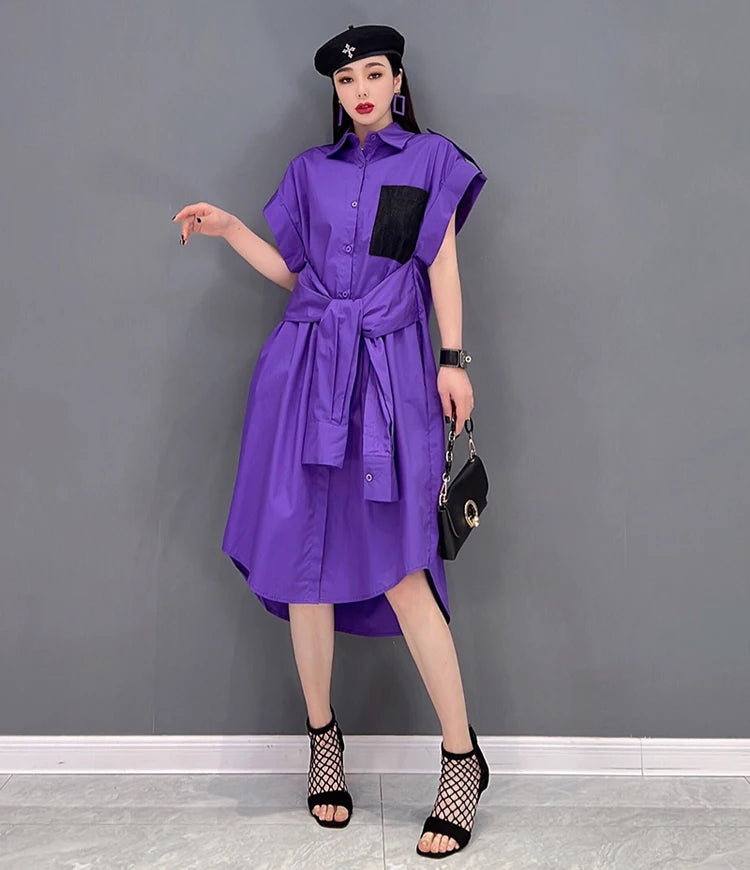 Extra Sleeves Decorated New 2025 Summer Korean Style Woman Purple Shirt Dress Loose Fit Chic Unique Big Size Casual Robe JKXD005