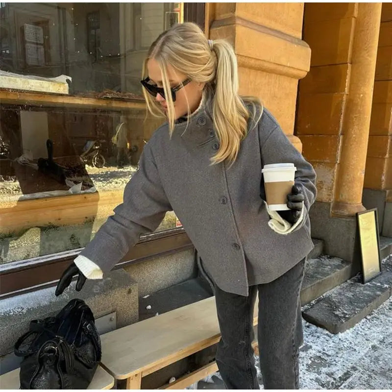 Stand Collar Women Winter Woolen Coats 2025 Spring Single Breasted Loose Female Long Sleeve Jacket Office Lady Street Short Coat