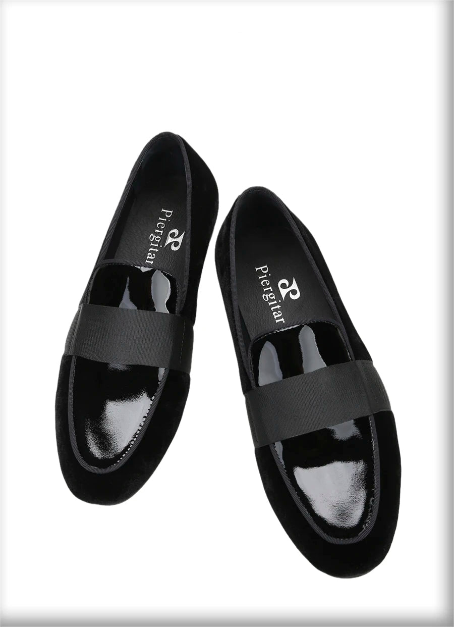 Black Velvet Patent Leather Loafers with Horizontal Band Handmade Flats for Party Formal Suits