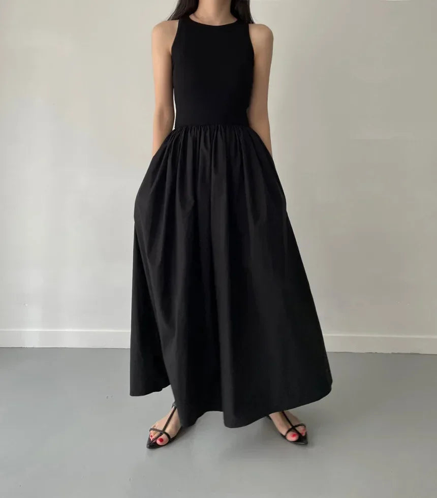 Simple Elegant Long Black Dresses For Woman Round Neck Sleeveless Low Waist