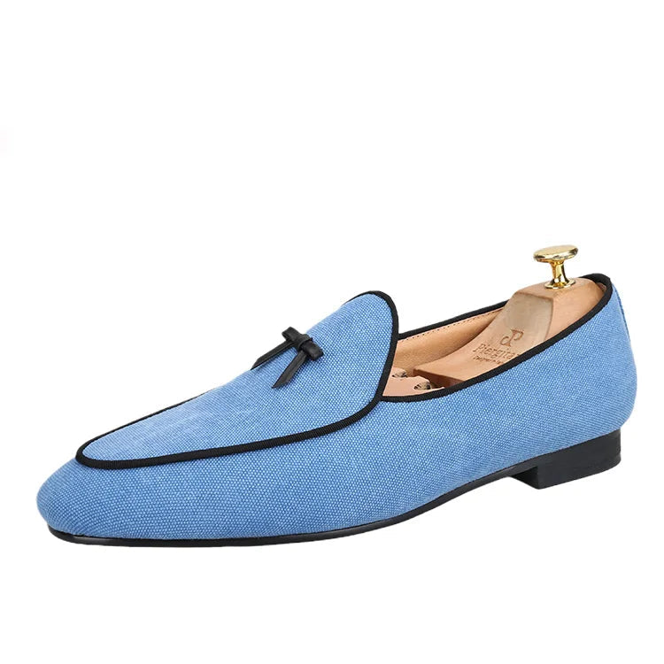 Three Colors Raw Canvas Belgian loafers with Calfskin Bows, Handmade Slip On Classic Mens Smoking Slippers