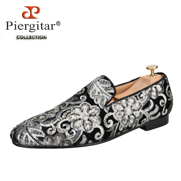 Piergitar Handmade Paisley Pattern Bling Men Velvet Shoes For Party And Wedding Superglamourous Brand Same Model Slip-On Loafers