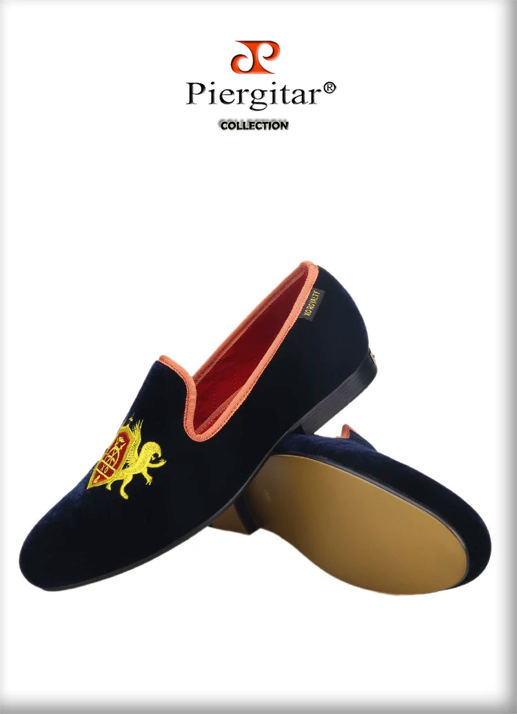 Piergitar British Style Embroidery Navy Velvet Shoes With Gold Outsole Handmade Men Loafers Slip-On Smoking Slippers For Party