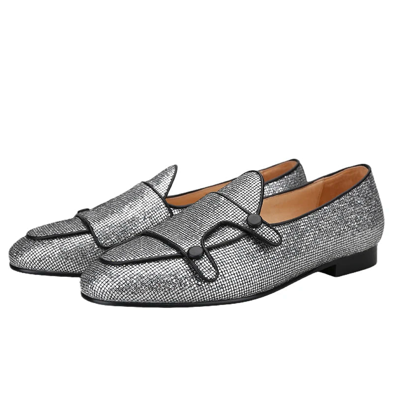 The New Style Square Glittering Silver Belgian Loafers with Double-Monk Moccs Handmade in GuangZhou