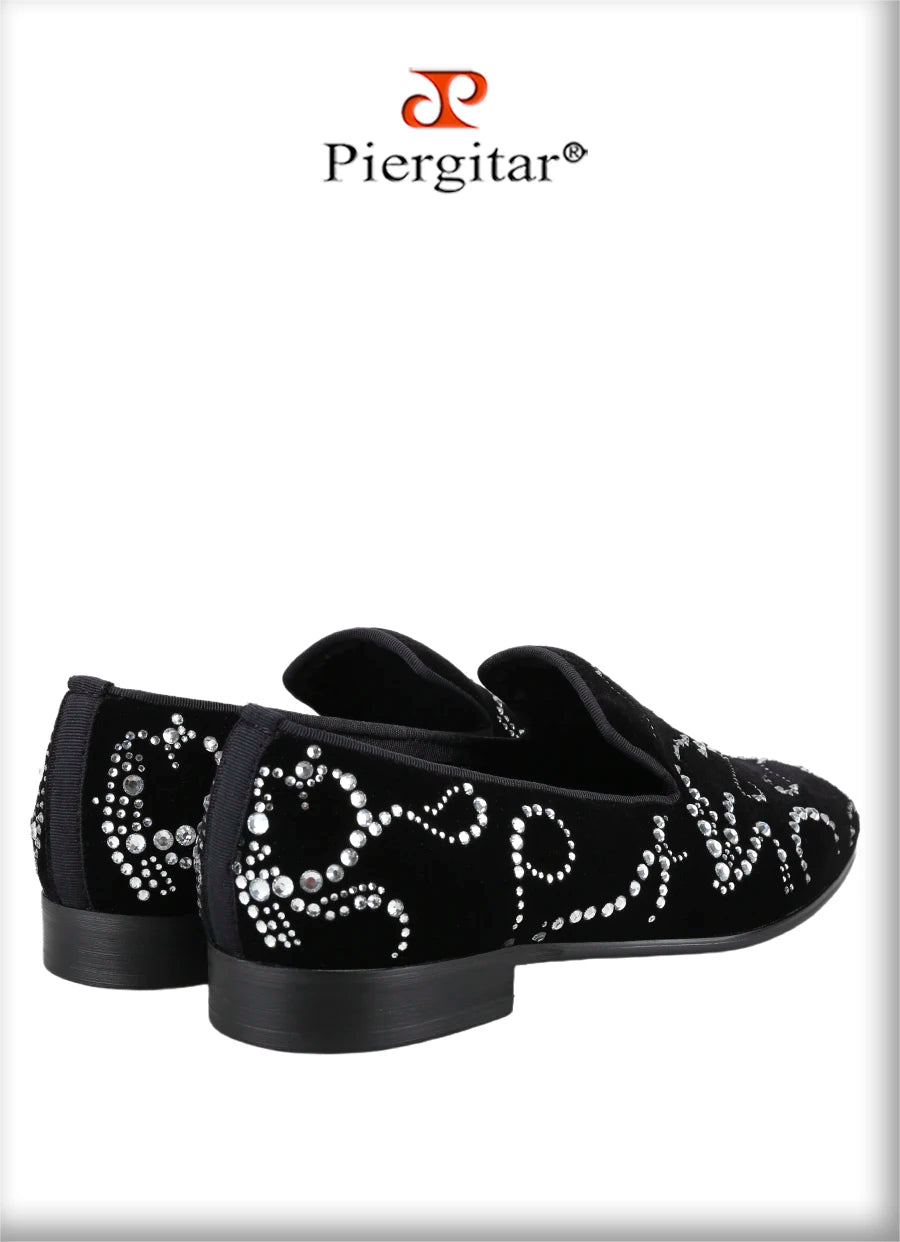Piergitar Black Velvet And Octodandelion Strass Loafers Luxury Brand Same Design Red Bottom Handmade Crystals Men's Moccasins