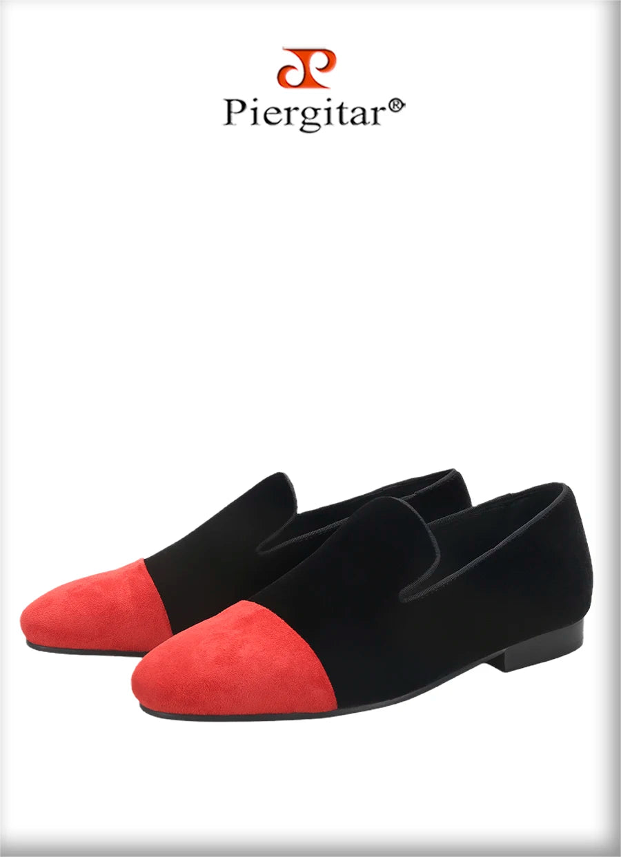 Piergitar Mixed Velvet Men's Loafers For Party And Wedding Handmade Slip-On Moccasins Red Outsole Breathable Leather Insole