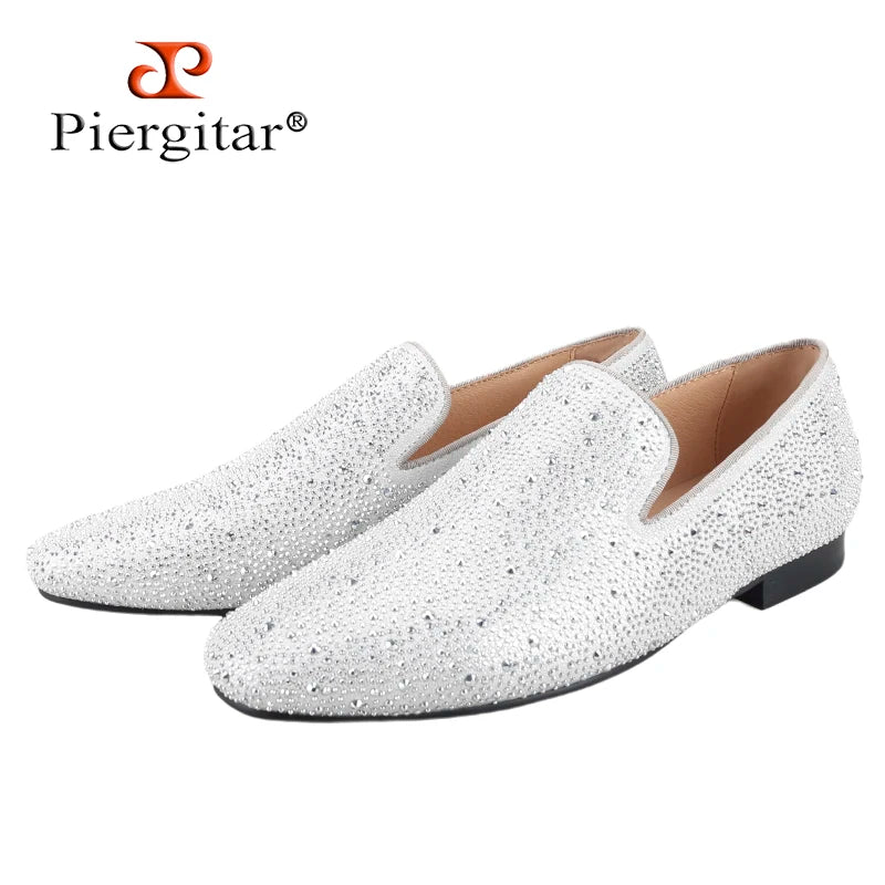 Piergitar Sliver Genuine Leather Men's Loafers With Handmade Bright And Shiny Rhinestones For Fashion Party/Banquet Red Bottom