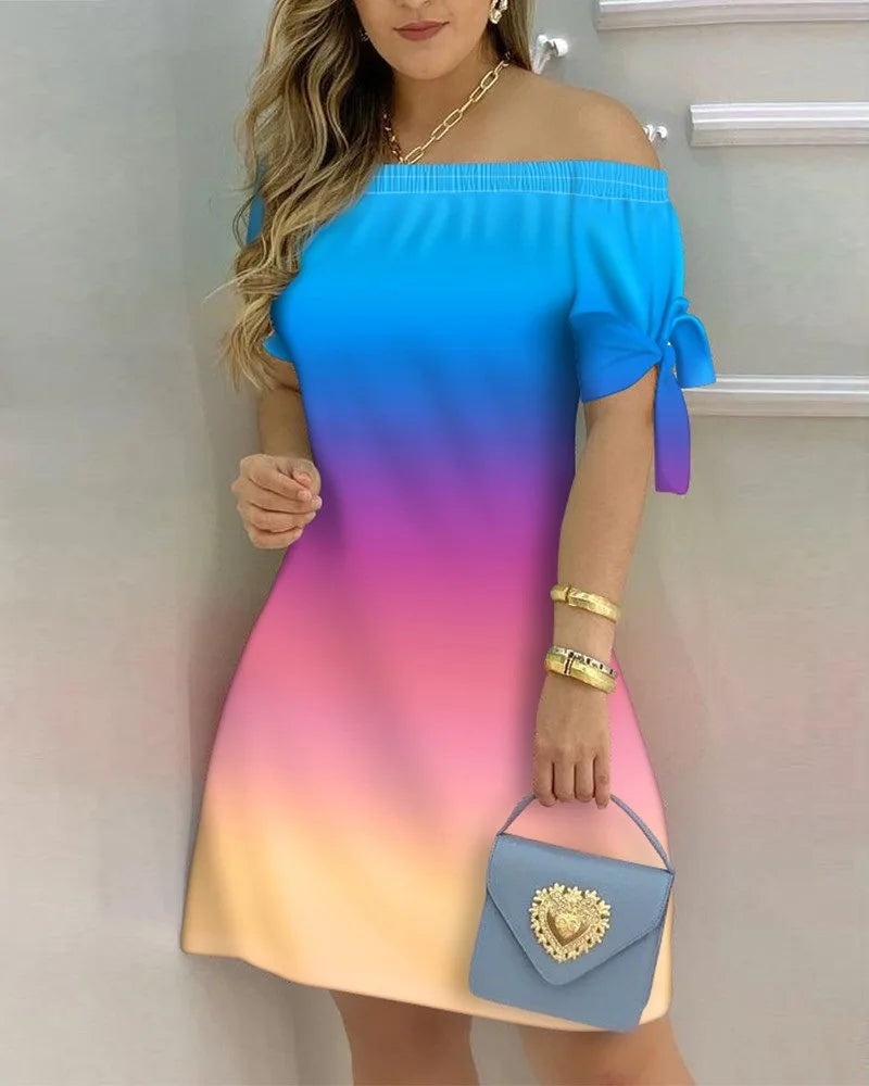 3XL Women's Casual Gradient Off Shoulder Short Sleeve Dress Bow Print Mini Dress