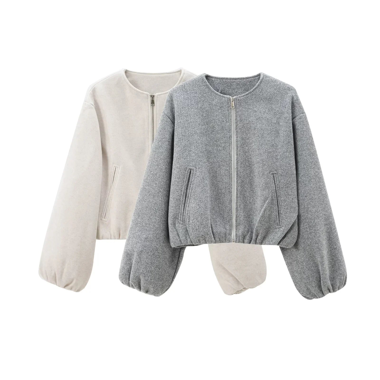 TRAF Outerwears Cropped Bomber Jacket Women Autumn Long Sleeve Faux Wool Coats For Woman Winter Zip Up Gray Beige Short Coats