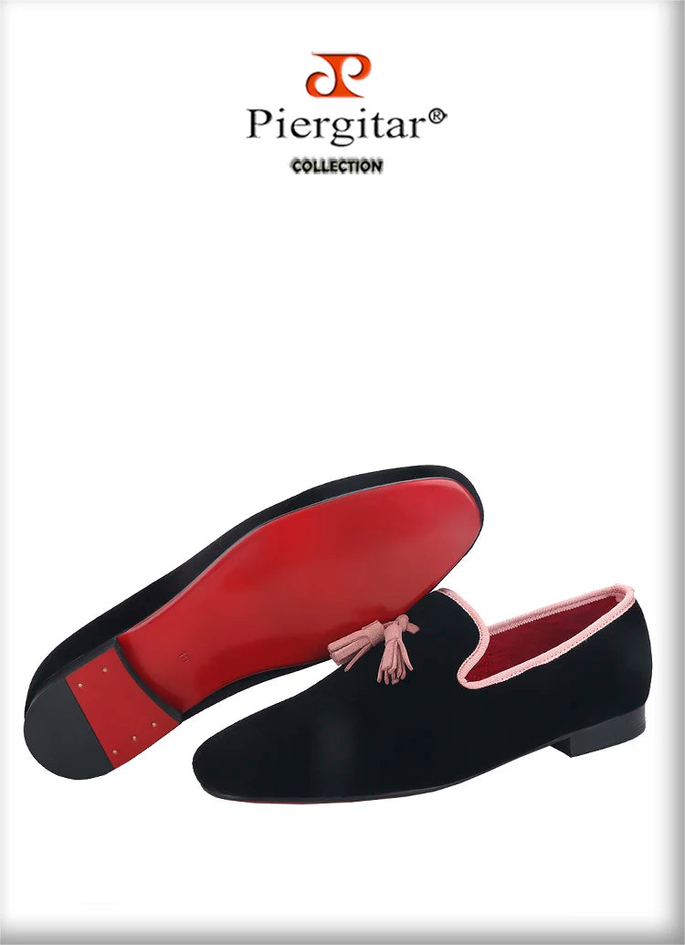 Piergitar 2023 Classic Black Velvet Slip-On Slippers Shoes Handmade Pink Suede Men's Loafers For Party And Wedding Plus Size