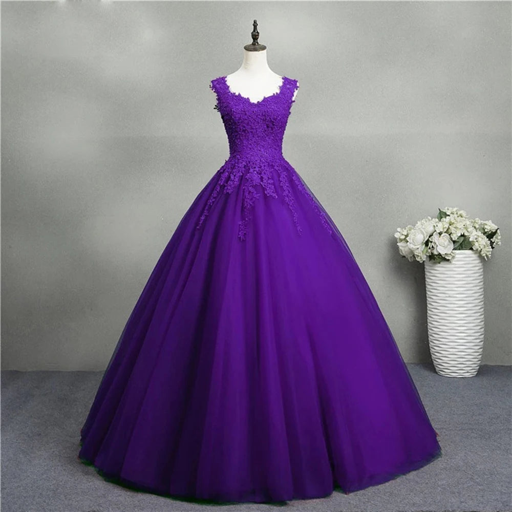 Customized Ball Gown Evening Dresses V-Neck Appliques Tulle Prom Party Gowns Formal Occasion Vestido De Noche Quinceanera Dress