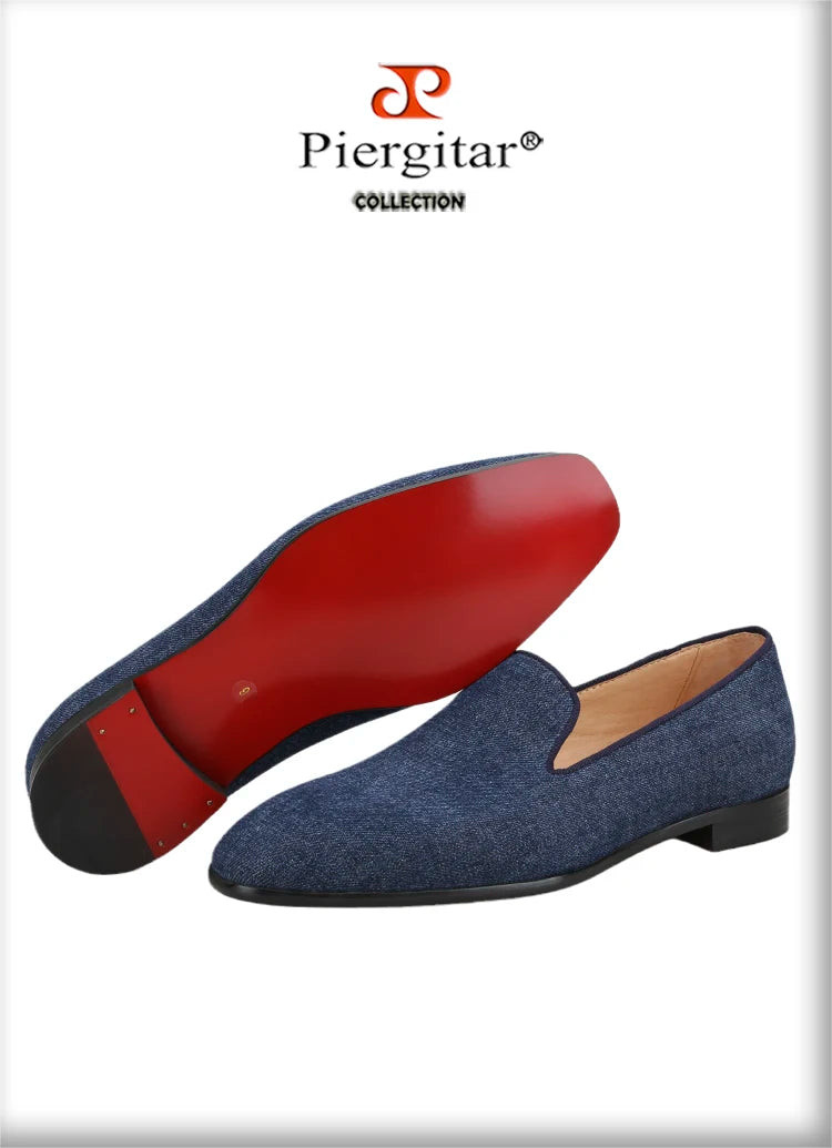 Piergitar 2022 New Summer Style Navy Denim Men's Loafers Red Outsole Man Smoking Slippers Breathable Leather Insole Plus Size