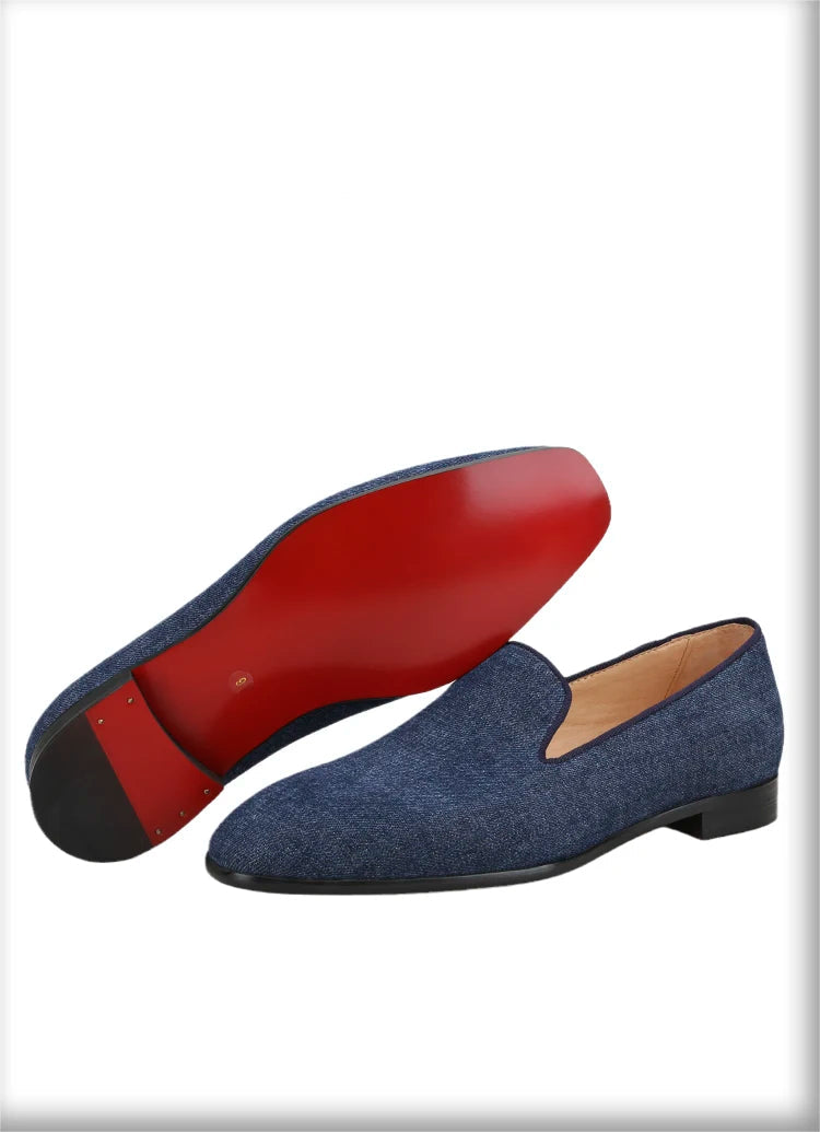 New Summer Style Navy Denim Mens Loafers with Red Outsole and Breathable Leather Insole plus Size