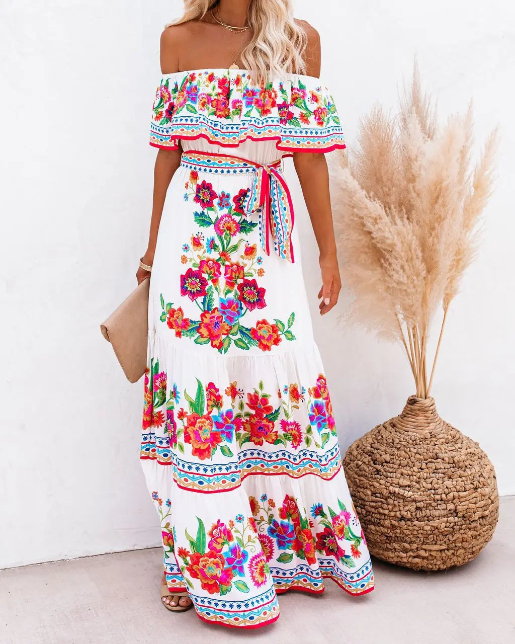2024 Spring/Summer New Women Retro Fashion One Shoulder Red Flower Printed Waist Collection Long Style Large Swing Casual Dress