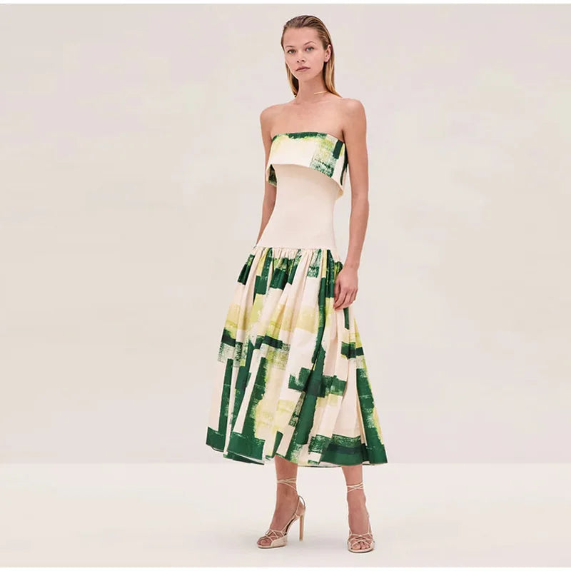 Women's Strapless Open Back Patchwork Long Dress