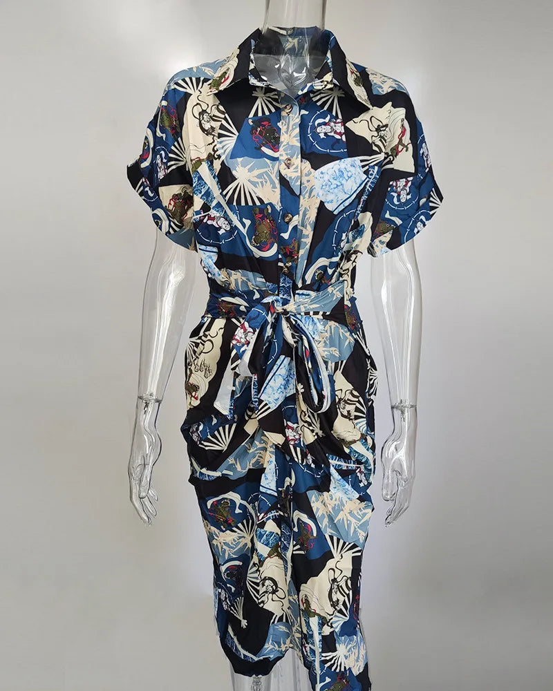 Women's Boho Print Turn-down Collar Dress
