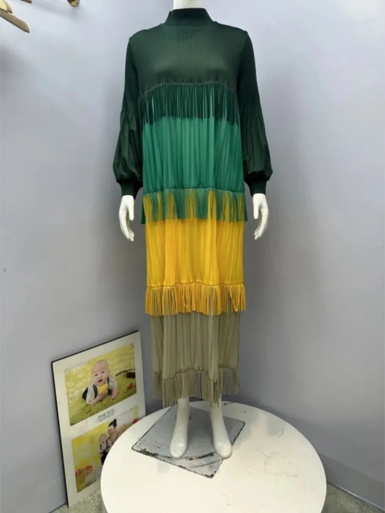 Women's Pleated Puff Sleeve Tassel Dress