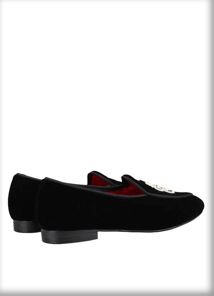 Black Velvet Men's Loafers with Embroidered Bee Rhinestone Patches and Red Outsole