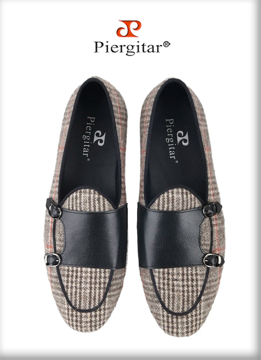 Piergitar 2024 Summer Style Plaid Cotton Men's Loafers Handmade Stitching Metal Buckle Monk Slippers Breathable Leather Insole