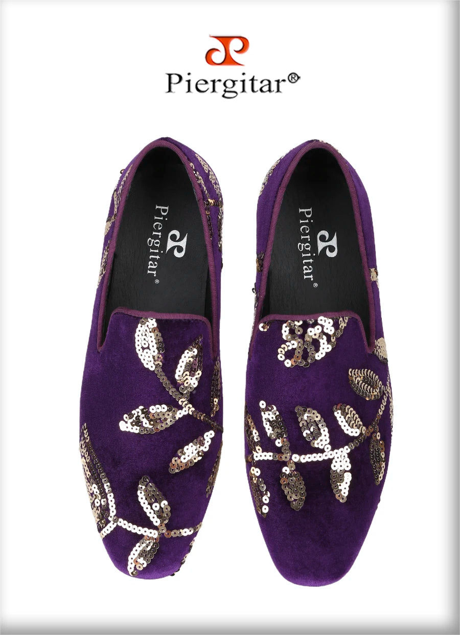 Piergitar Black And Dark Purple Velvet With Handmade Floral Sequin Men's Loafers CL Same Classic Red Outsole Slip-On Moccasins