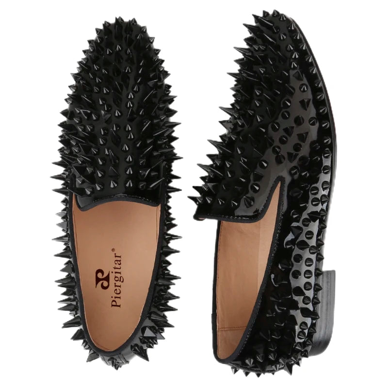 Black Patent Leather Loafers with Handmade Different Shapes of Spikes for Fashion Party CL Brand Red Sole Shoes