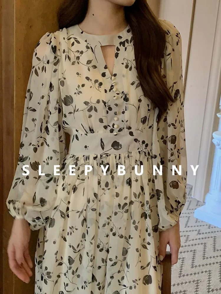 Floral Midi Dress Women Sweet A-Line Long Sleeve Hollow Out Dress Elegant High Waist Casual Long Dress Daily or Vacation Outfits
