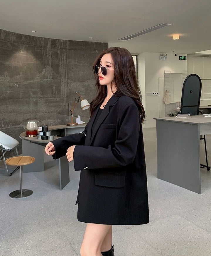 Long Women's Blazers Loose Jacket Dress Clothing Female Coats and Jackets Solid Over Black Youthful Woman Clothes New Outerwear