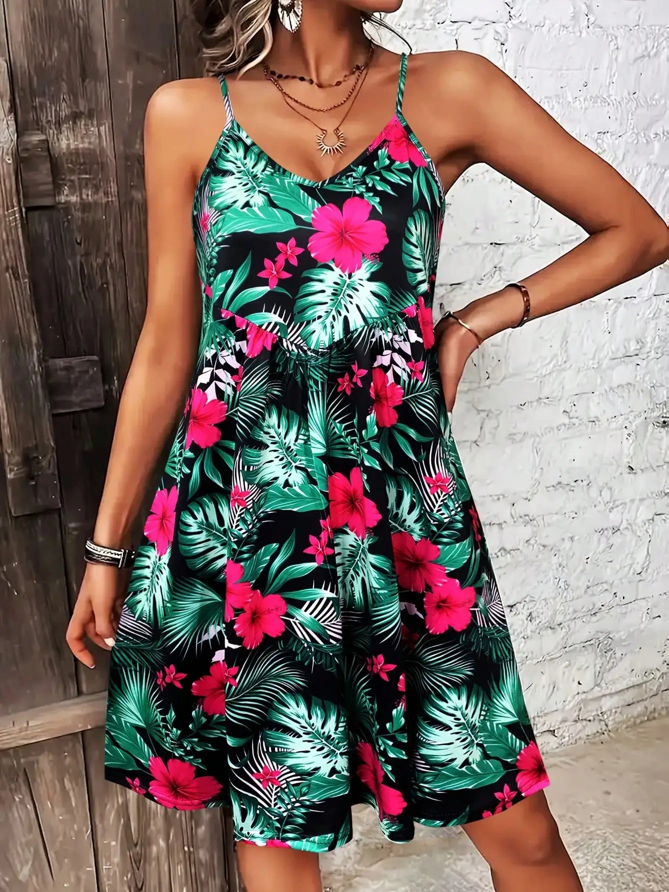 V-neck Spaghetti Strap Print Dress