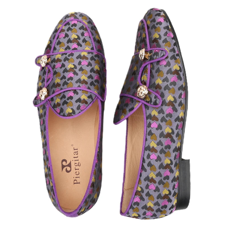 Men's slip-on monk shoes with gold buttons and a violet color silk heart jacquard, made by hand.