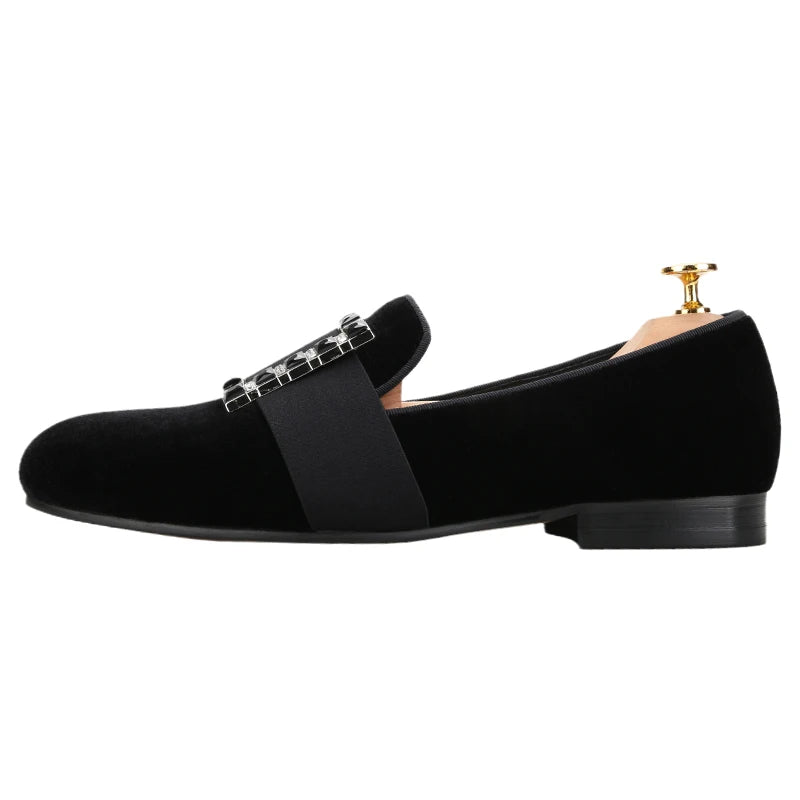 Piergitar Black And Silver Rhinestones Square Buckles Men Velvet Shoes For Wedding Or Party Handmade Slip-On Loafers Plus Size