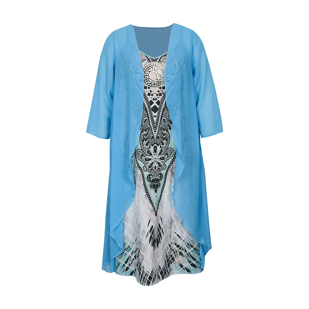 Plus Size Casual Dress Sets Solid Open Front and Graphic Printed Dress Sets Women's Plus Size Clothing