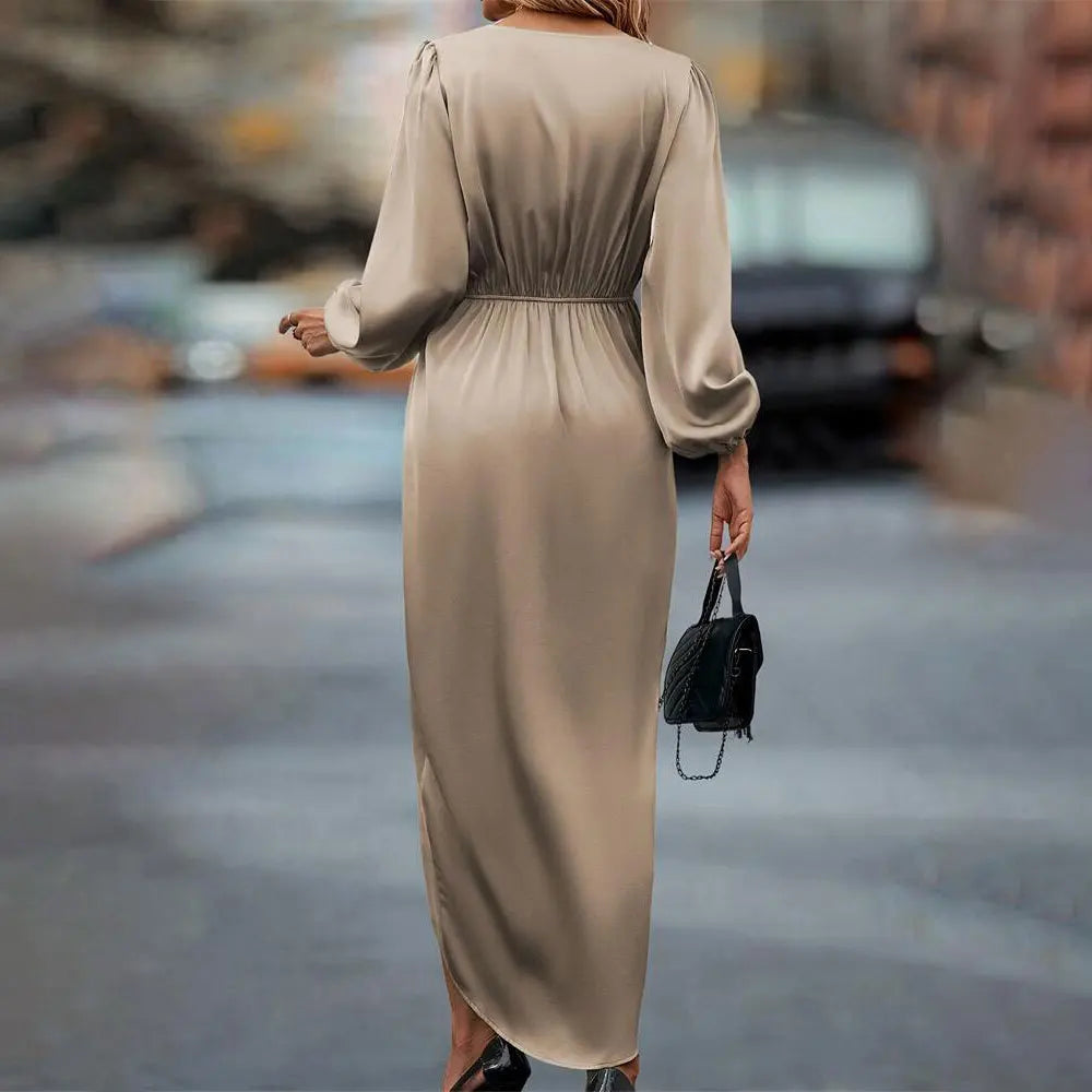 Women's 2025 new long dress; elegant round-neck silk satin long sleeves; midi dress for ladies; sexy dress; street fashionbe.