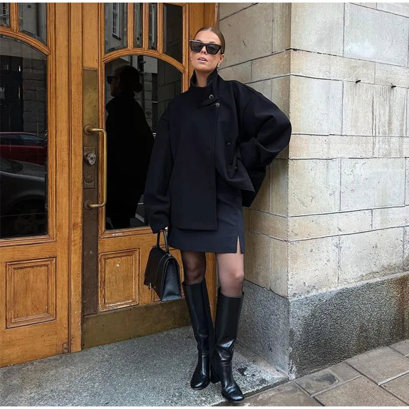 Stand Collar Women Winter Woolen Coats 2025 Spring Single Breasted Loose Female Long Sleeve Jacket Office Lady Street Short Coat