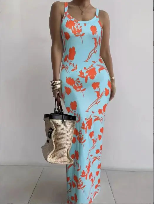 Gradient Printed Long Dress Summer New Women's Fashionable Printed Sexy Sleeveless Suspender Slim Fit Hip Hugging Long Dress