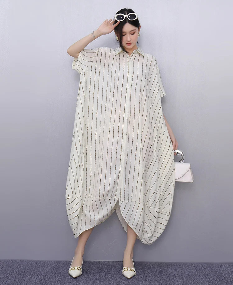 New 2025 Summer Woman Short-Sleeve Black Striped Shirt Dress Loose Fit Chic Big Size Casual Holiday Irregular Large Robe JKXD017