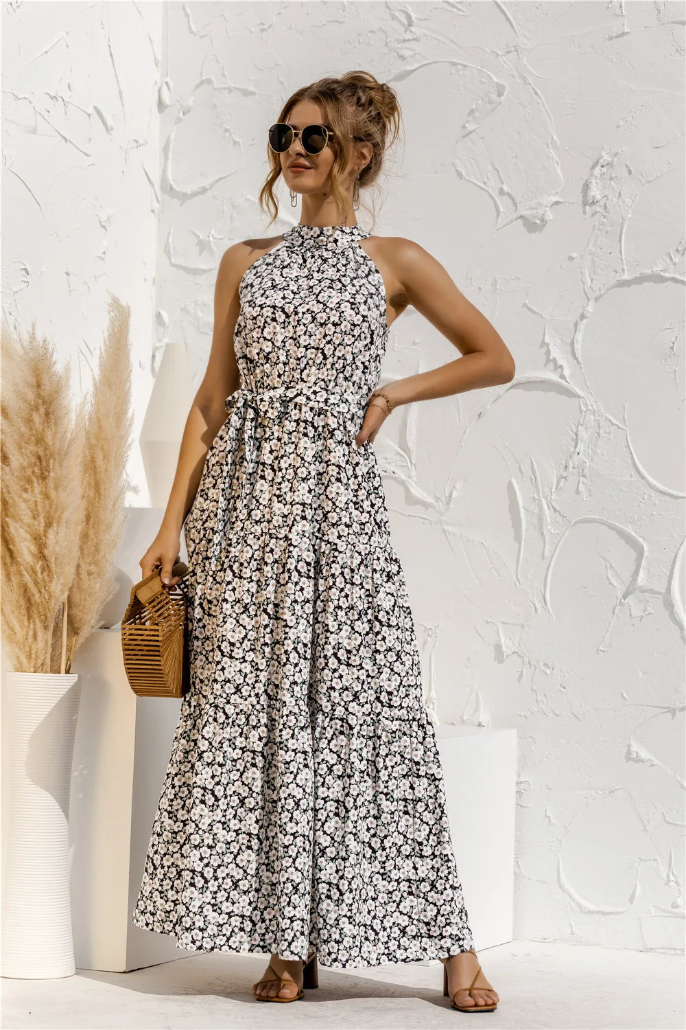 2025 Top Selling Women's Dress Elegant and Sexy Office Commuting Travel Leisure Wave Point Printed Neck Strap Dress Long Skirt