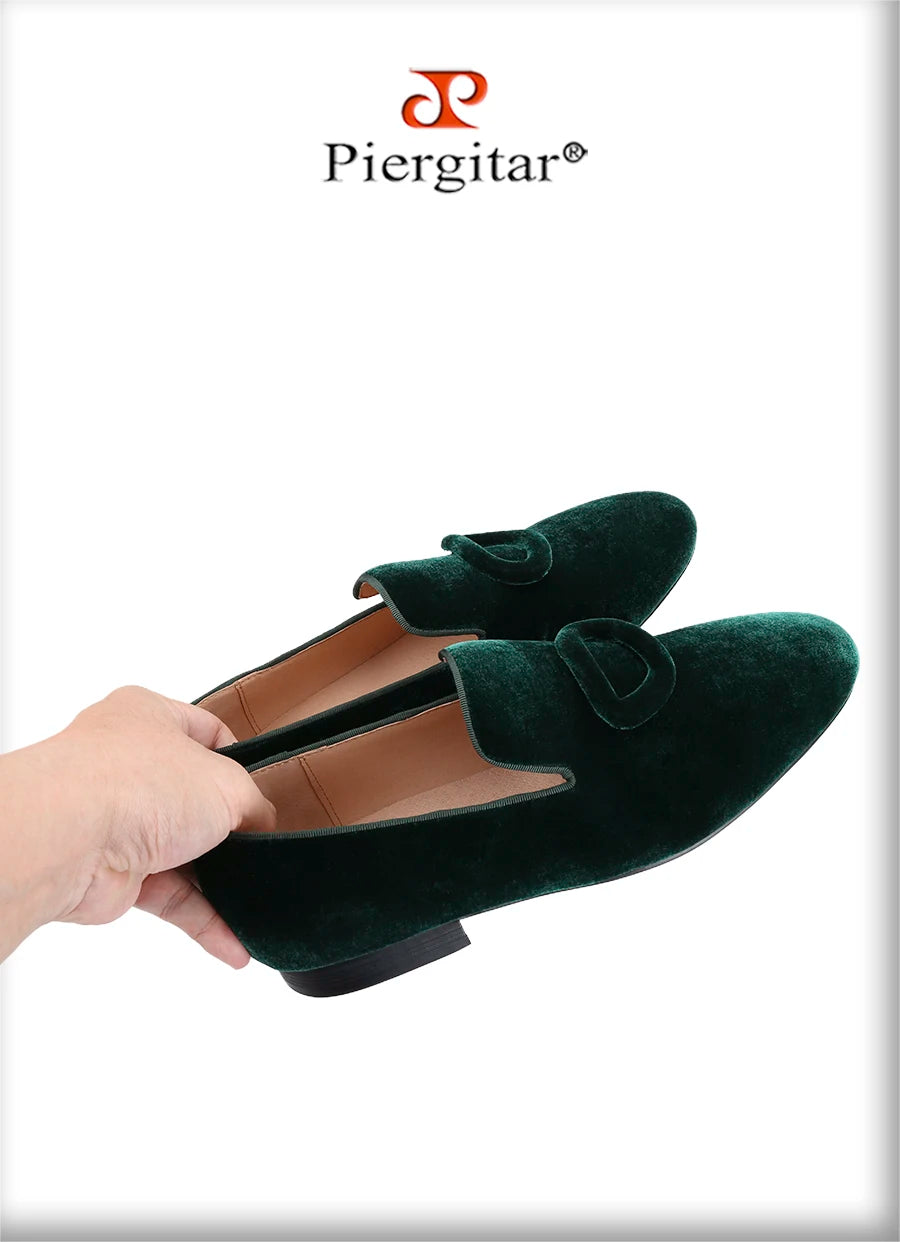 Piergitar New Arrival Two Colors Velvet Men's Smoking Slippers With Matching Velvet Buckles Handmade Slip-On Loafers Red Bottom