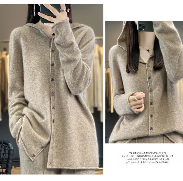 First Line 100% Merino Wool Knitted Cardigan Women's Autumn And Winter Hoodie Loose Sweater Fashionable Versatile Coat Top YC014