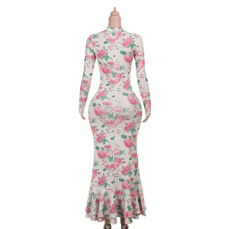 Temperament long sleeve slim long printed dress women's new autumn fashion elegant long dress