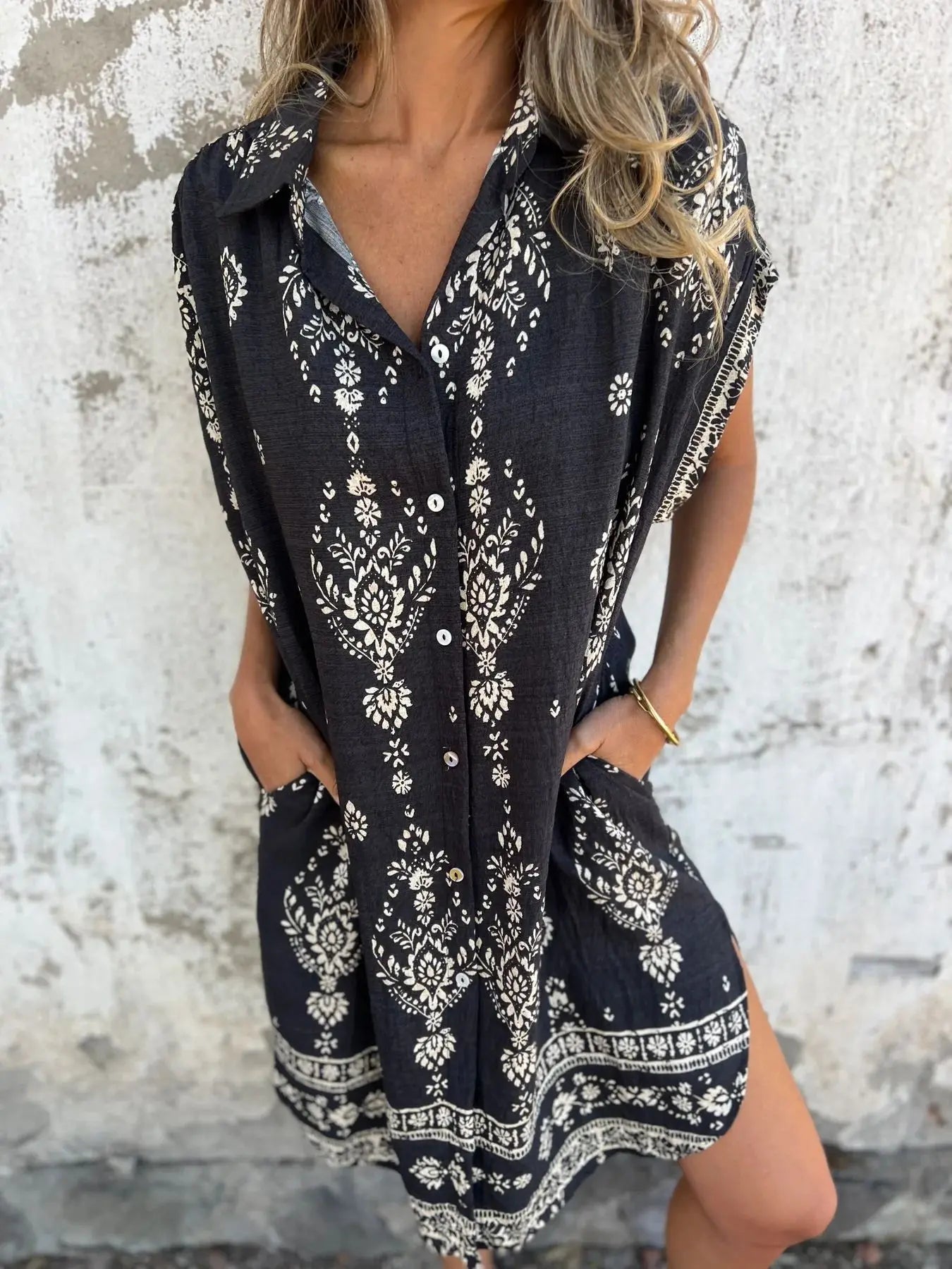 2025 New Women's Shirt Dress Loose Button Cardigan Fashion Printed Short Sleeve Pocket Cotton Linen Blend Vacation Beach Skirt