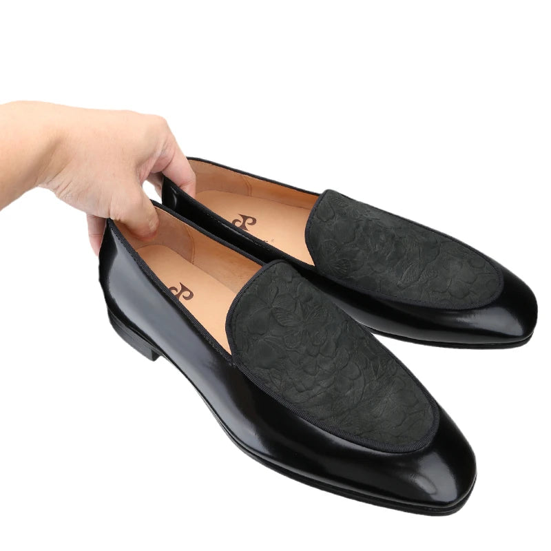 Piergitar Flower Pattern Embossed Leather Patchwork With Black Calfskin Men's Loafers Handmade Slip-On Slippers Red Bottom Flats