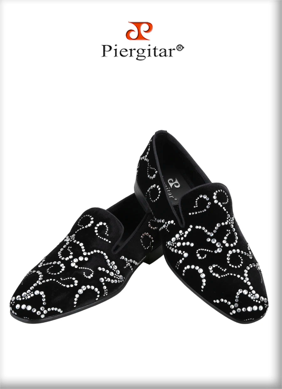Piergitar Black Velvet And Octodandelion Strass Loafers Luxury Brand Same Design Red Bottom Handmade Crystals Men's Moccasins