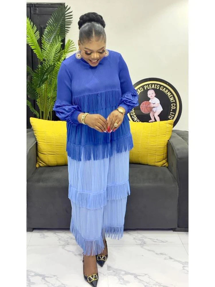 Women's Pleated Puff Sleeve Tassel Dress